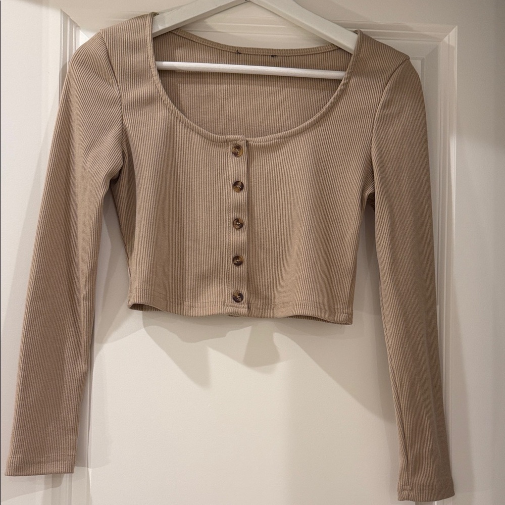 Women's Tan Button-Up Crop Ribbed Top